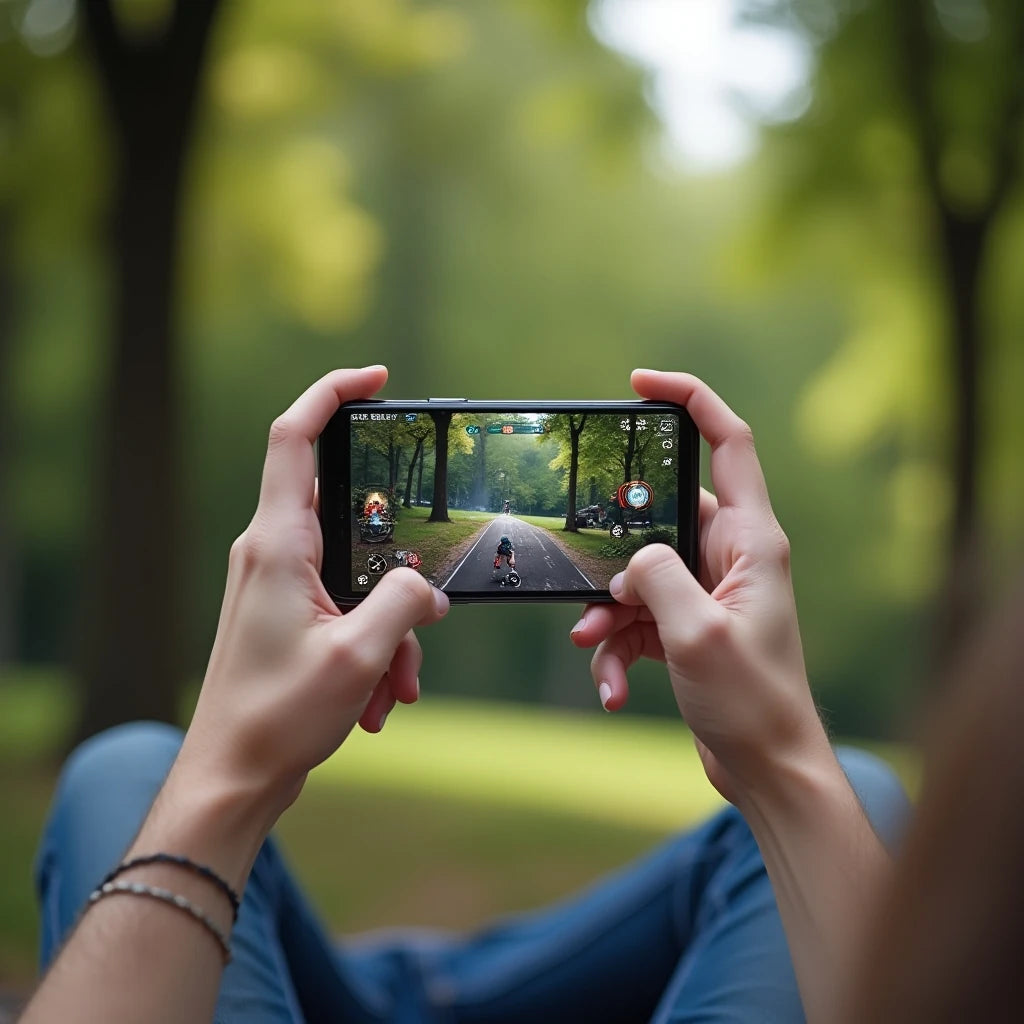 Person playing a video game on a smartphone with a blurred green outdoor background