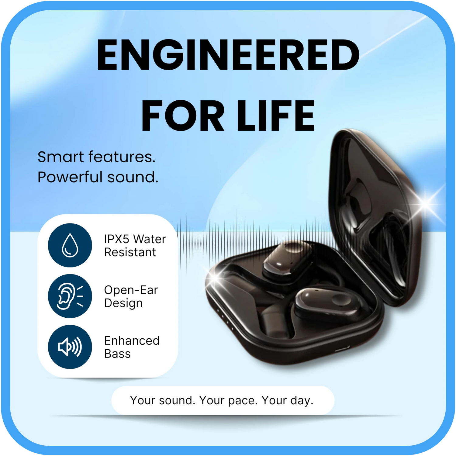 Black wireless earbuds in a charging case with product features highlighted on a blue background.