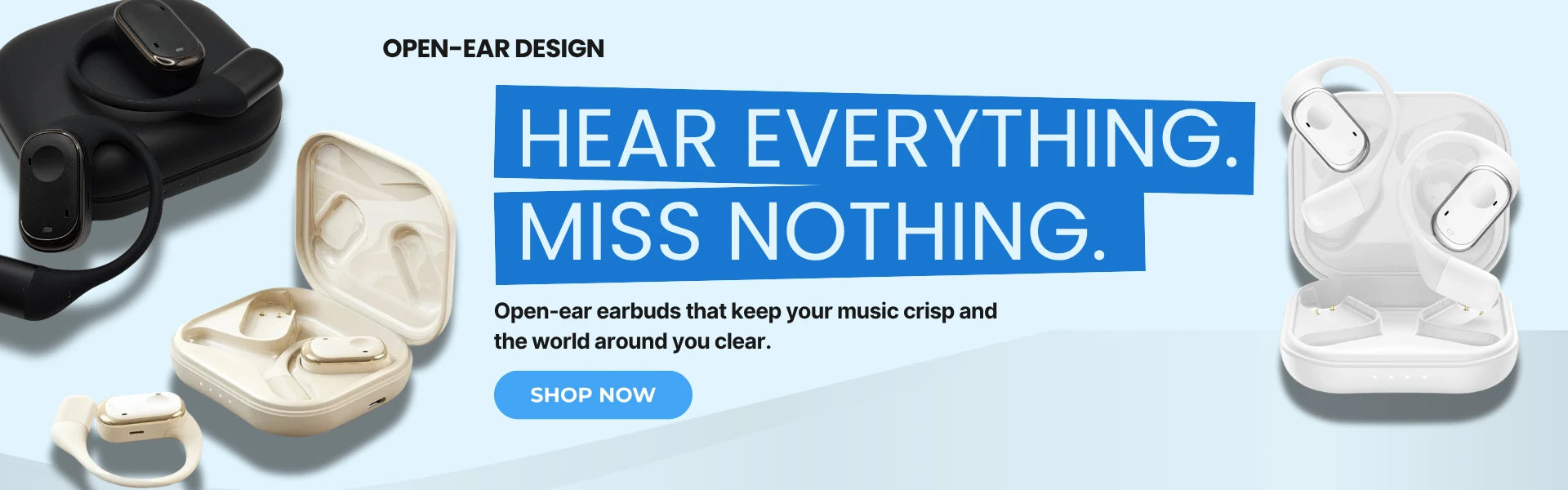 Open-ear earbuds with packaging on a light blue background, featuring text about music quality and a 'Shop Now' button.