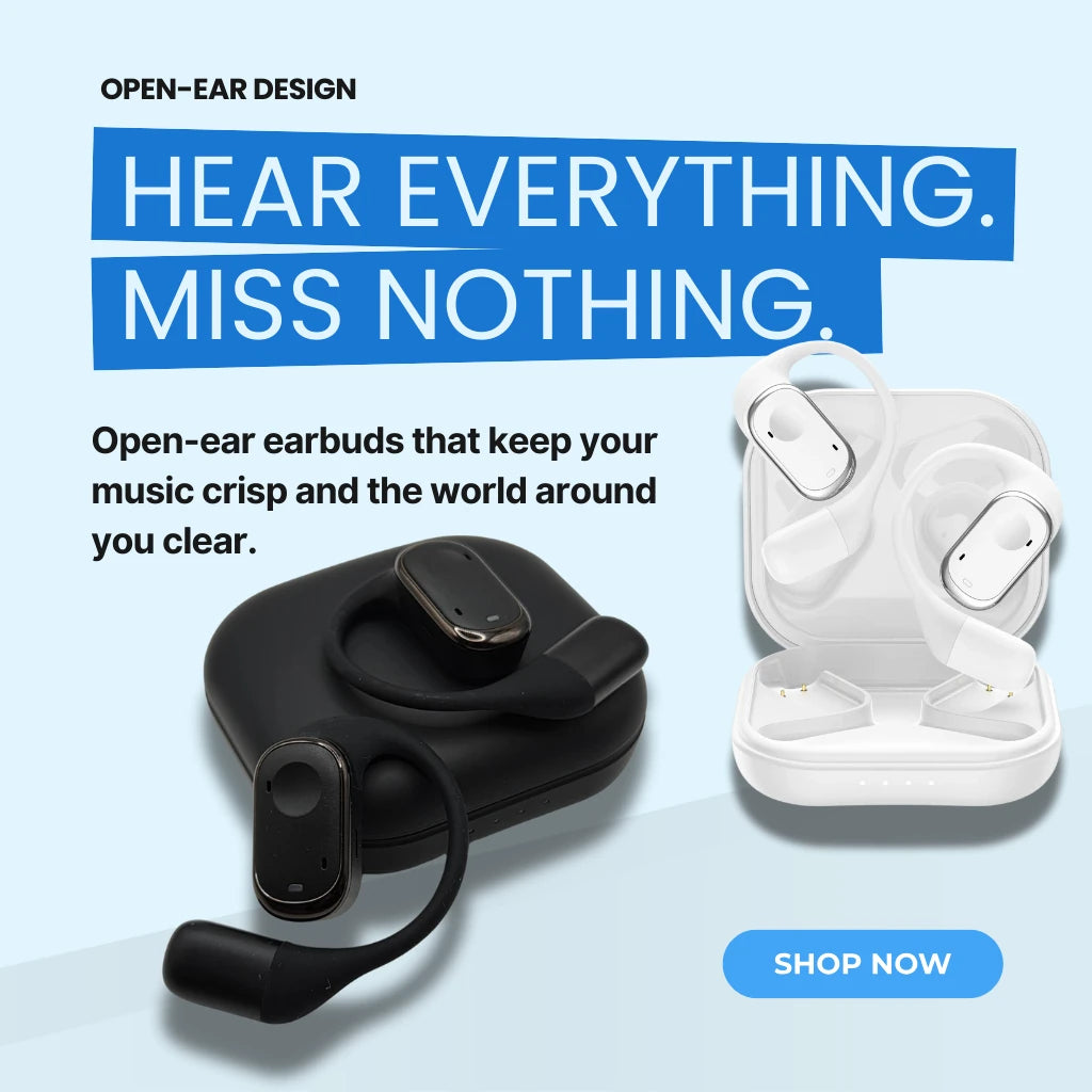 Open-ear earbuds with charging case on a light blue background, featuring text about their design.