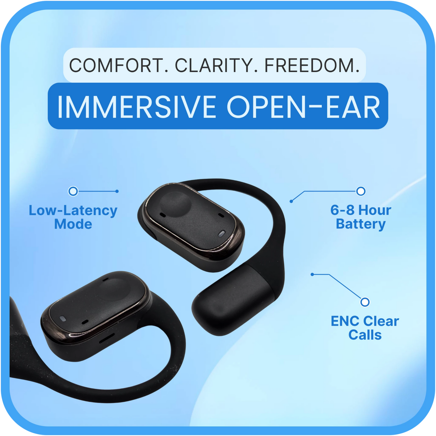 Black open-ear wireless headphones with features listed on a blue background