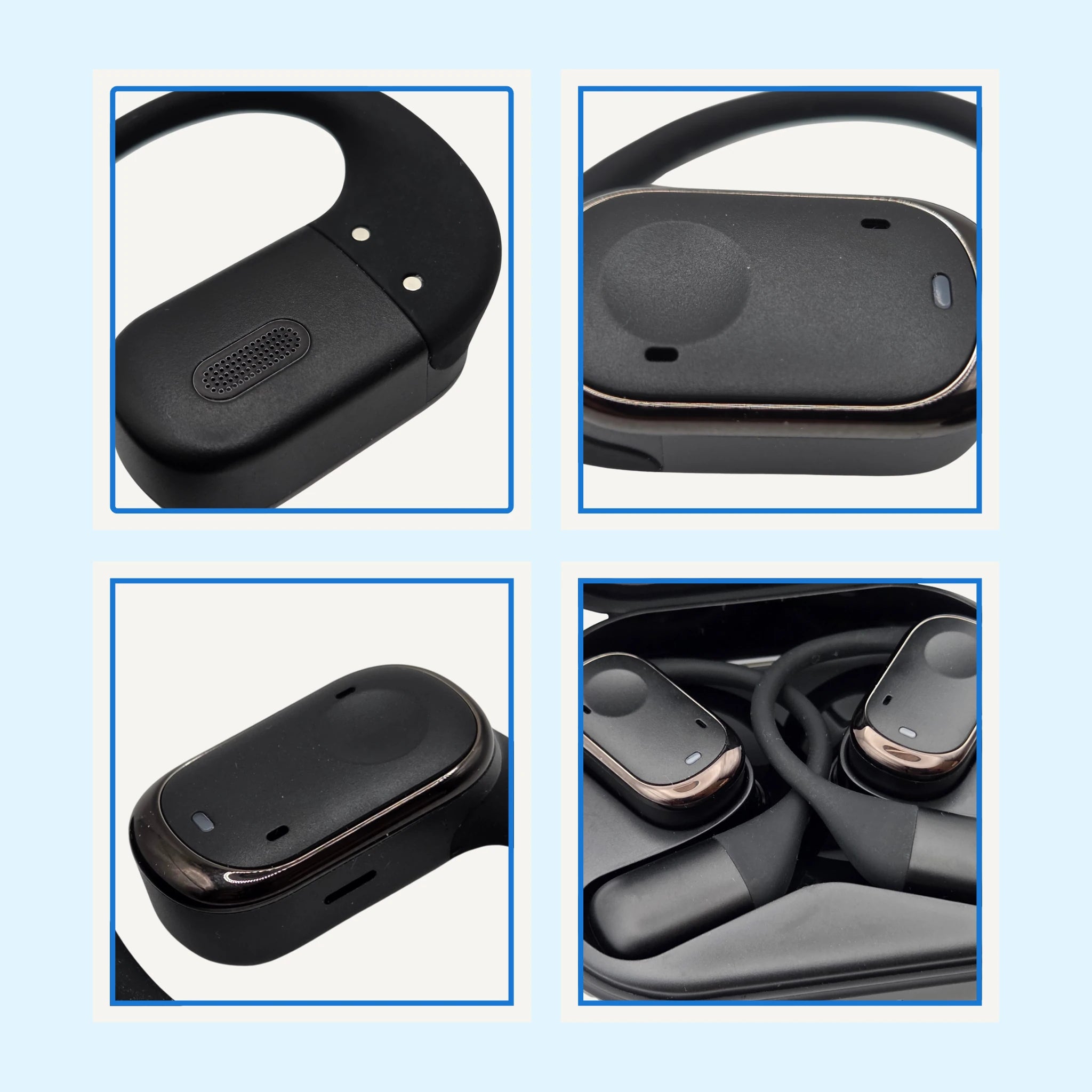 Close-up of black wireless earbuds with charging case on a light blue background