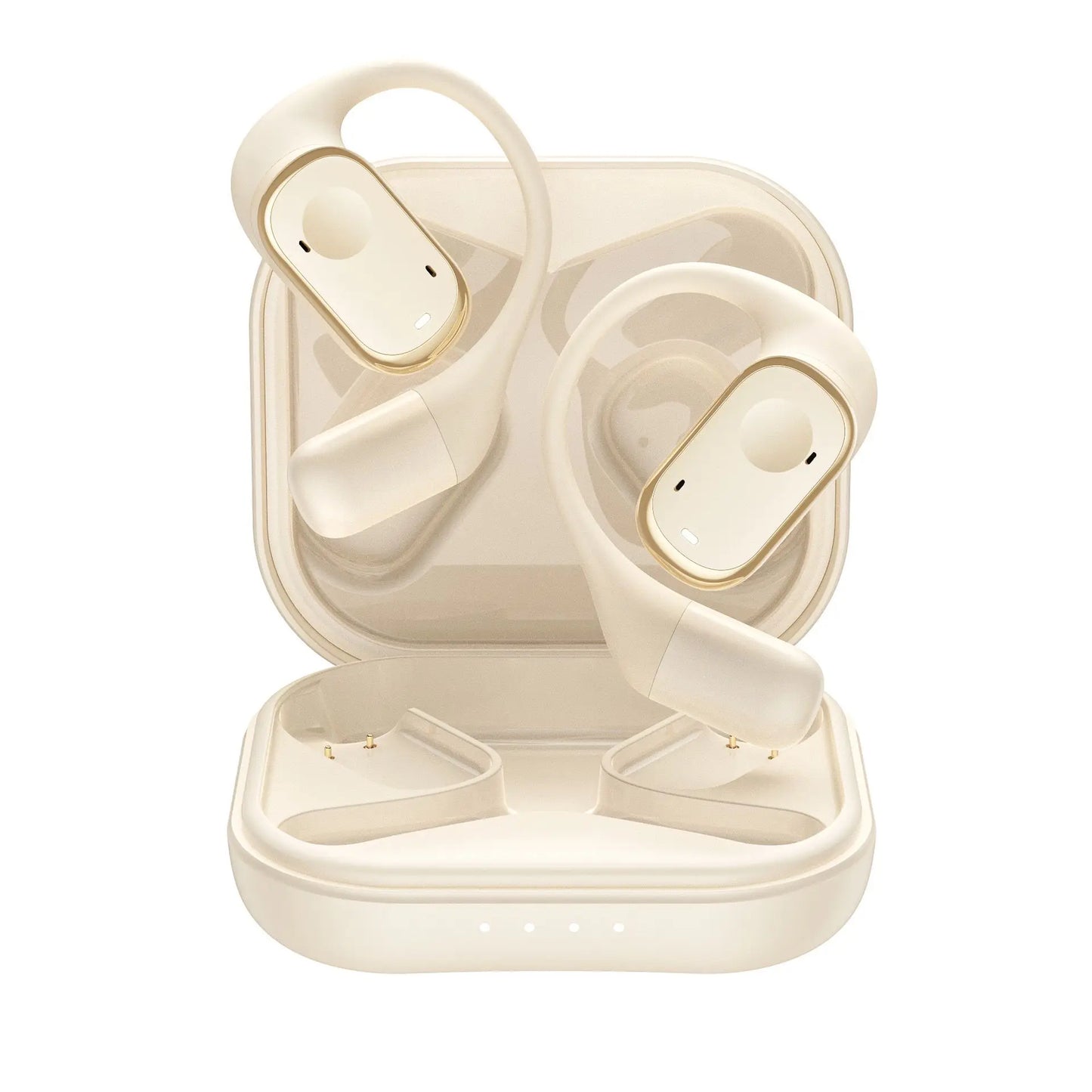 Beige wireless earbuds with charging case on a white background