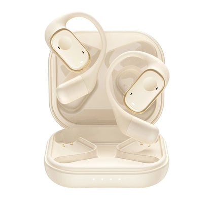 Beige wireless earbuds with charging case on a white background
