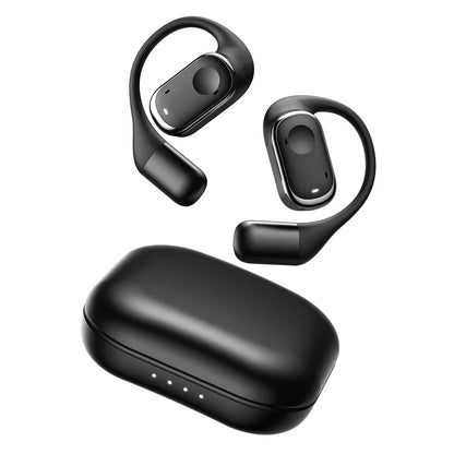 Black wireless earbuds with charging case on a white background