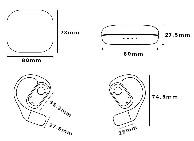 Blueprints of the earbuds with measurements on a white background.