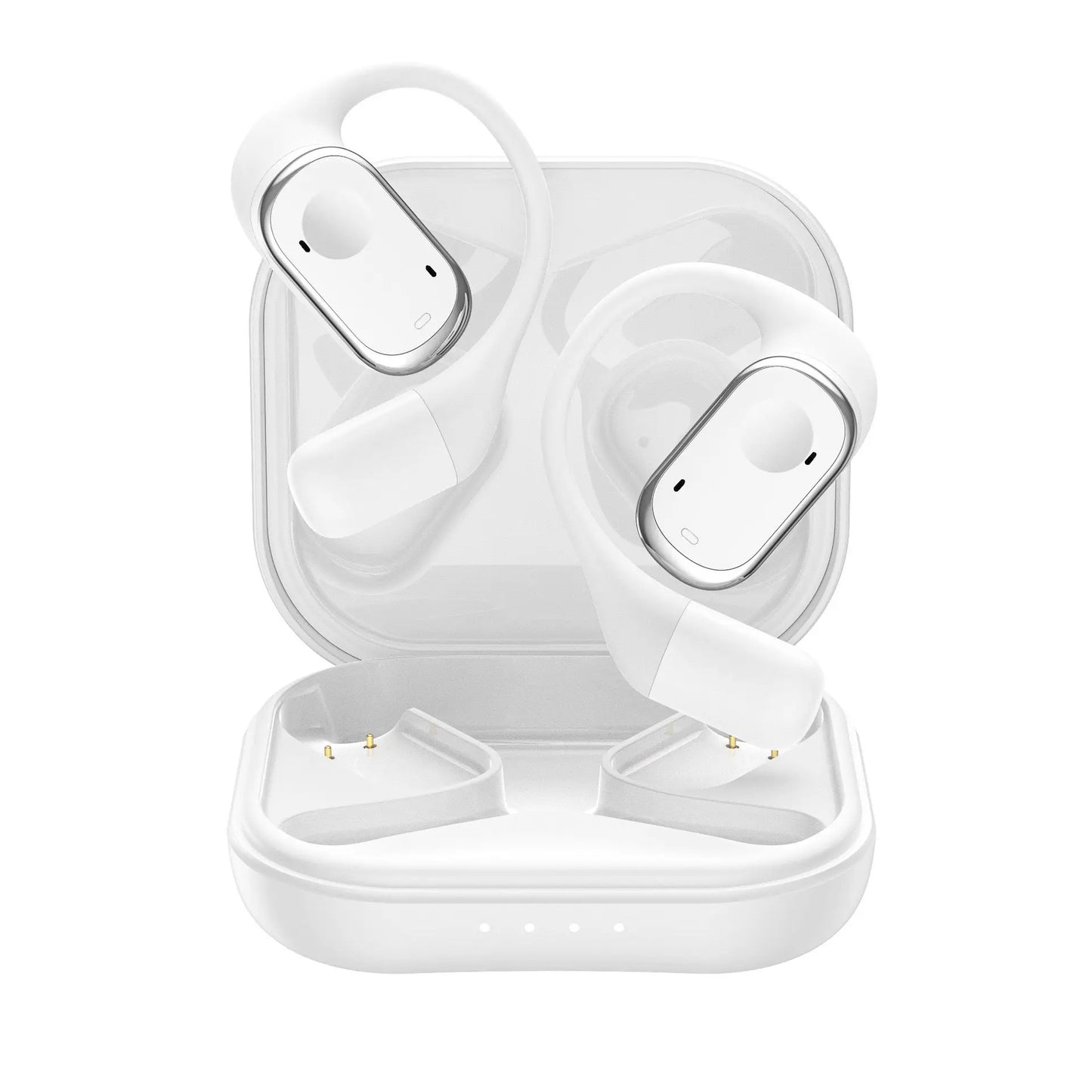 White wireless earbuds in a transparent charging case on a white background