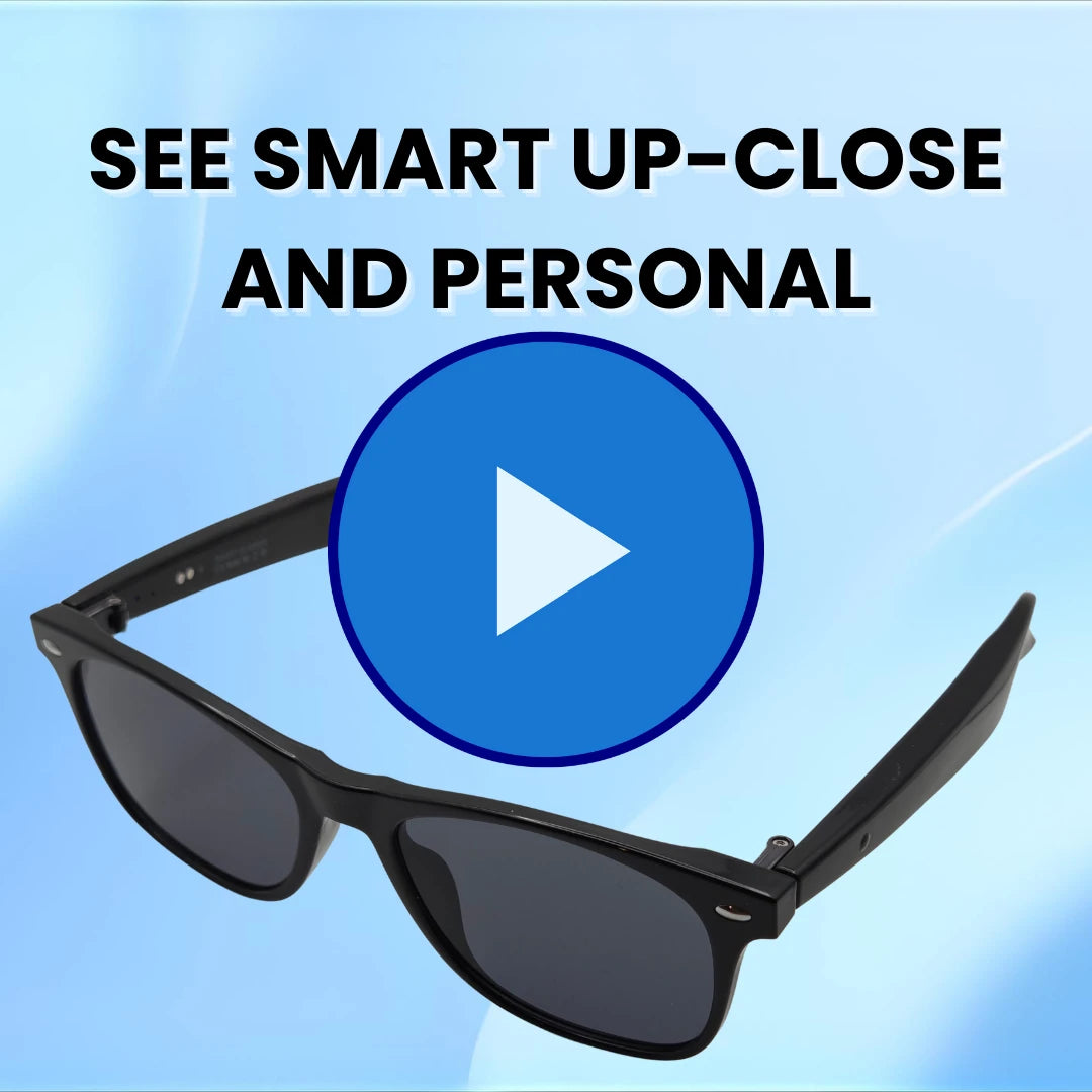 A video showcasing close-up shots of the ai smart glasses frame, buttons and charging ports.