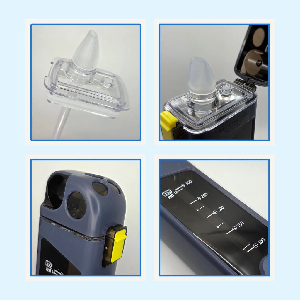 Collage of close-ups of the rectangular sports water bottle on a light blue background