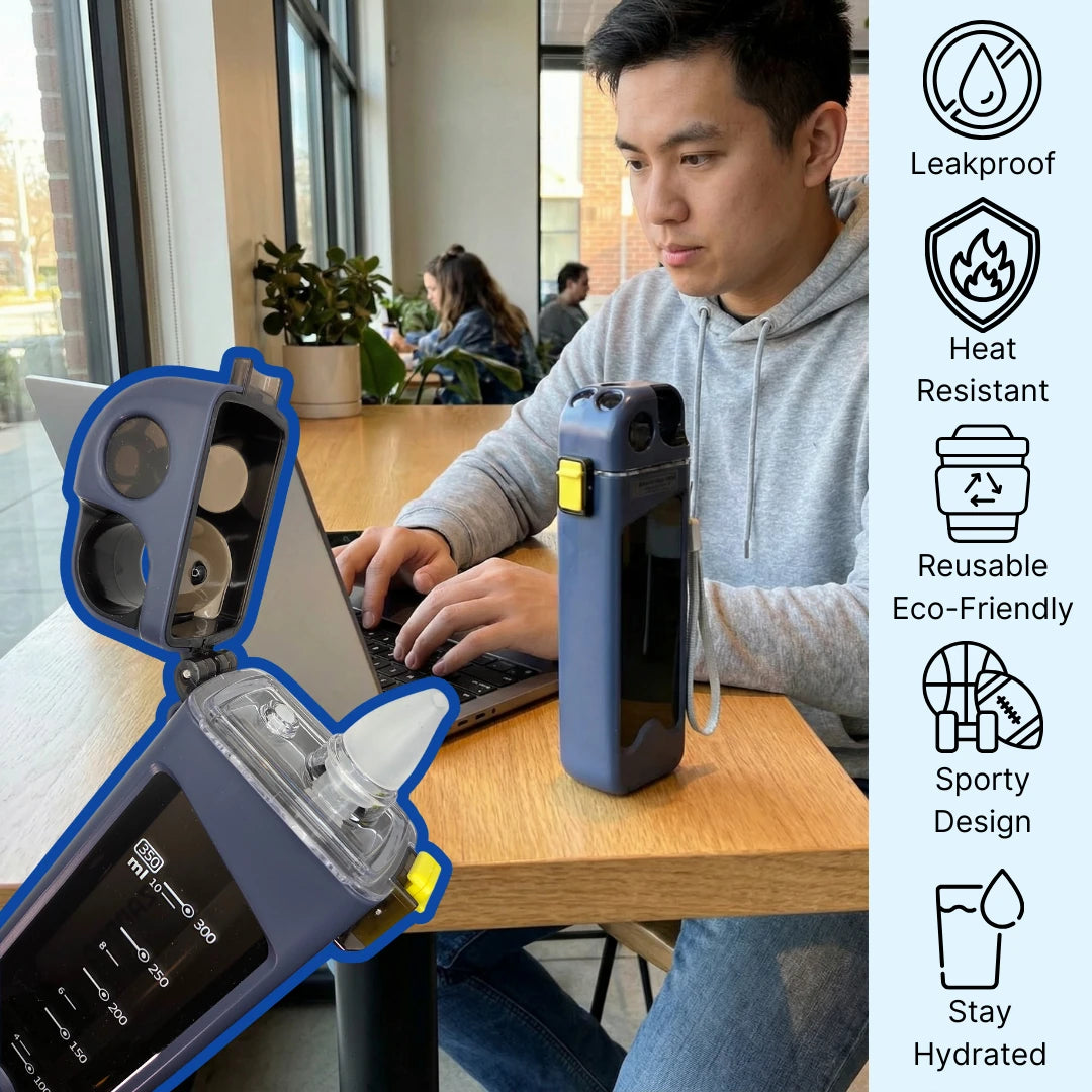 Person using a rectangular sports bottle and hydration monitor in an office setting with features displayed on the bottom.