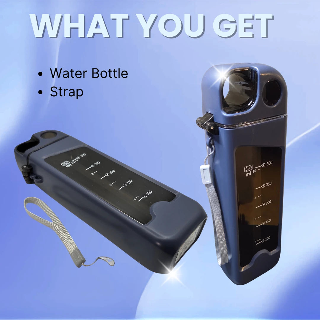 Rectangular sports bottle and strap with a blue background