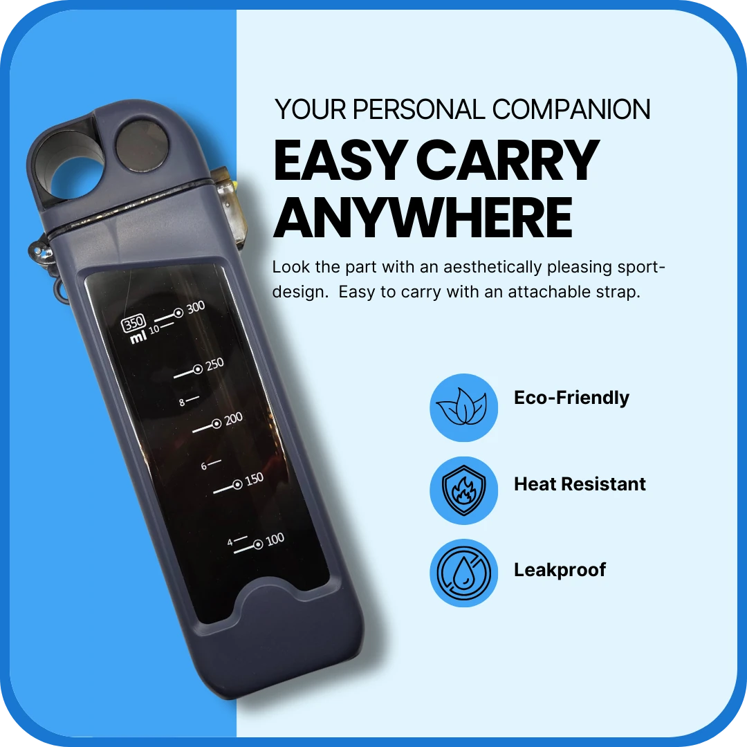 Rectangular sports water bottle on a blue and white background, featuring text about its features.