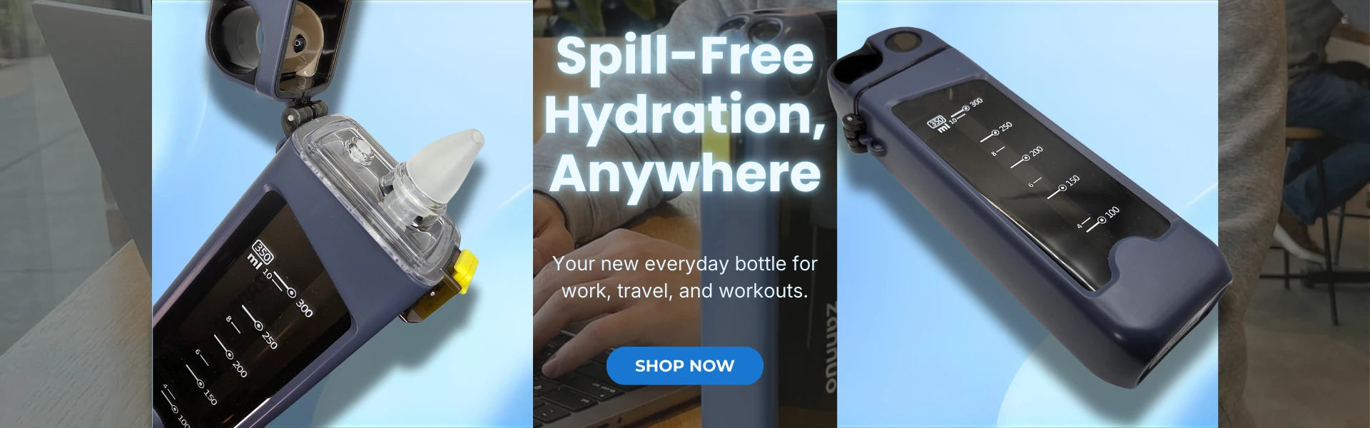 Promotional banner with a focus on a rectangular sport water bottle, text 'Spill-Free Hydration, Anywhere' overlay.