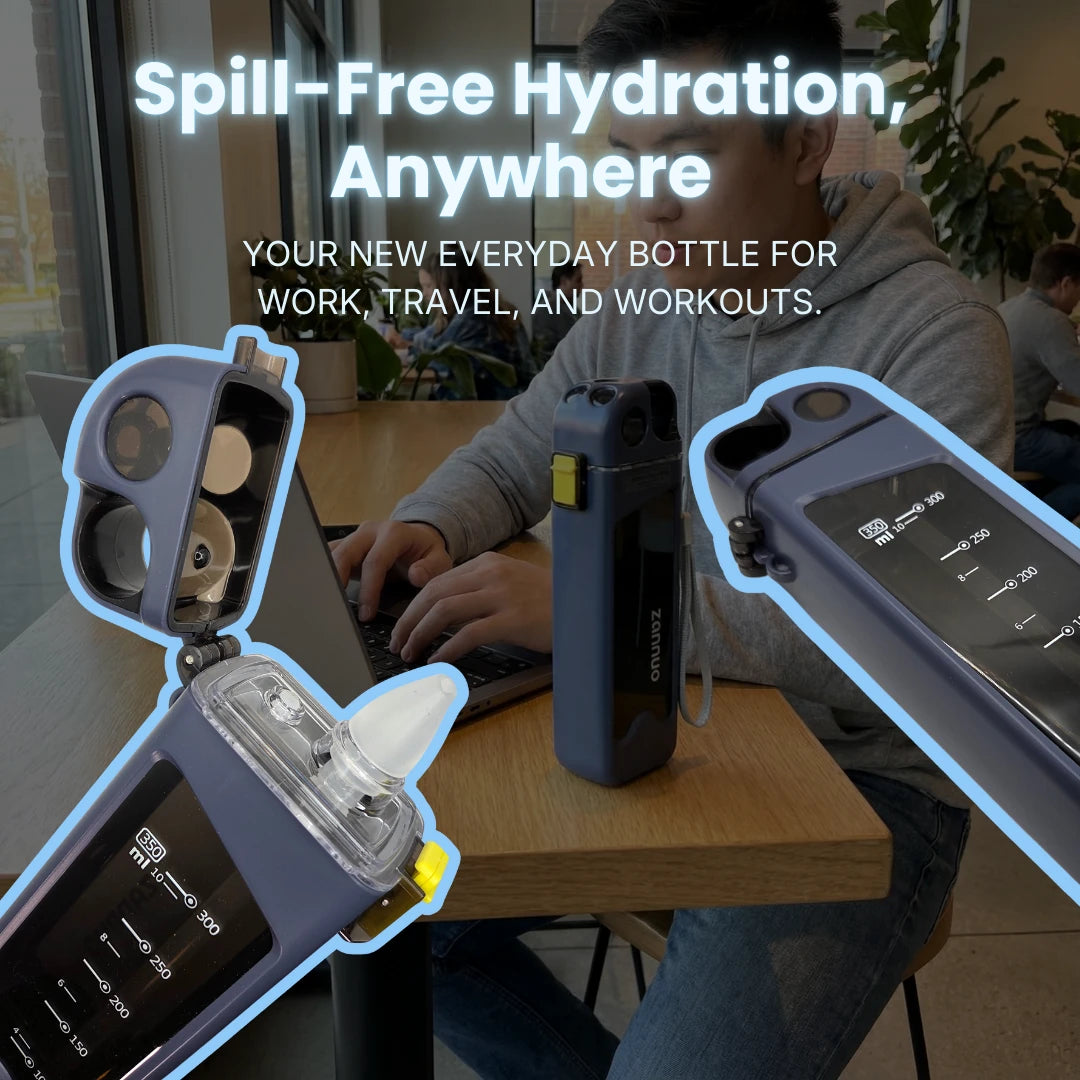 Person using a laptop with a focus on a rectangular sport water bottle, text 'Spill-Free Hydration, Anywhere' overlay.