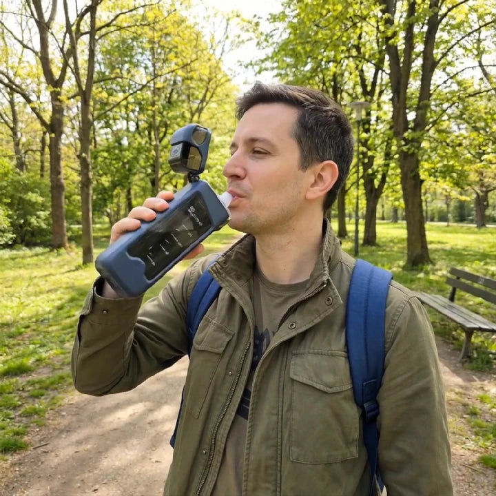 Man drinking from the rectangular sports water bottle in a park