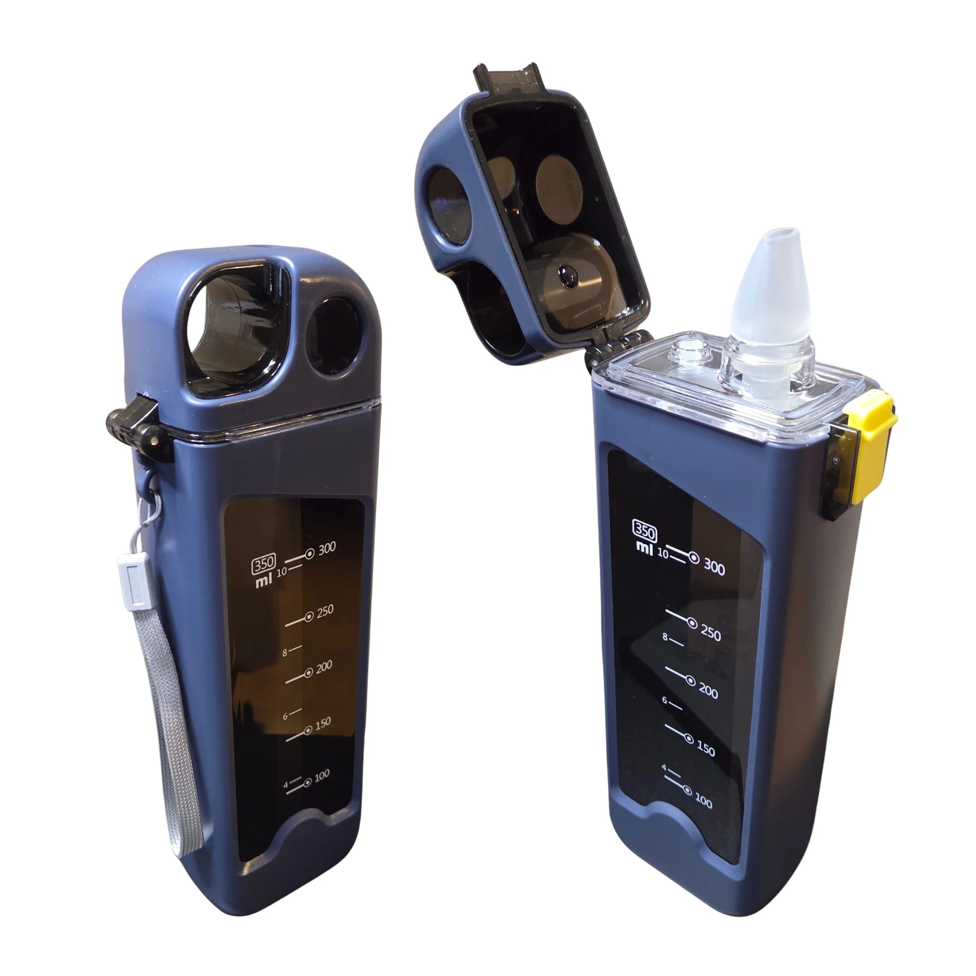 Two rectangular sports water bottles one with lid open and one with lid closed on a white background.