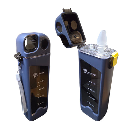 Two rectangular sports water bottles one with lid open and one with lid closed on a white background.