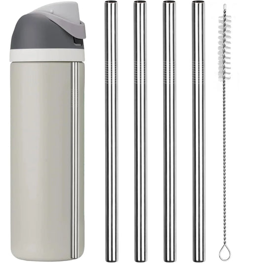 Reusable straws and cleaning brush on a white background