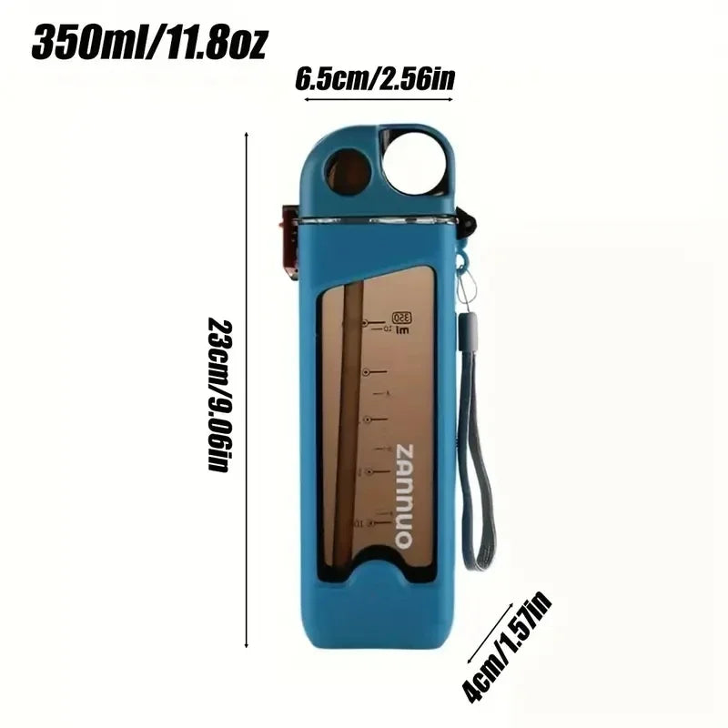 Blue square water bottle with measurement markings and dimensions on a white background