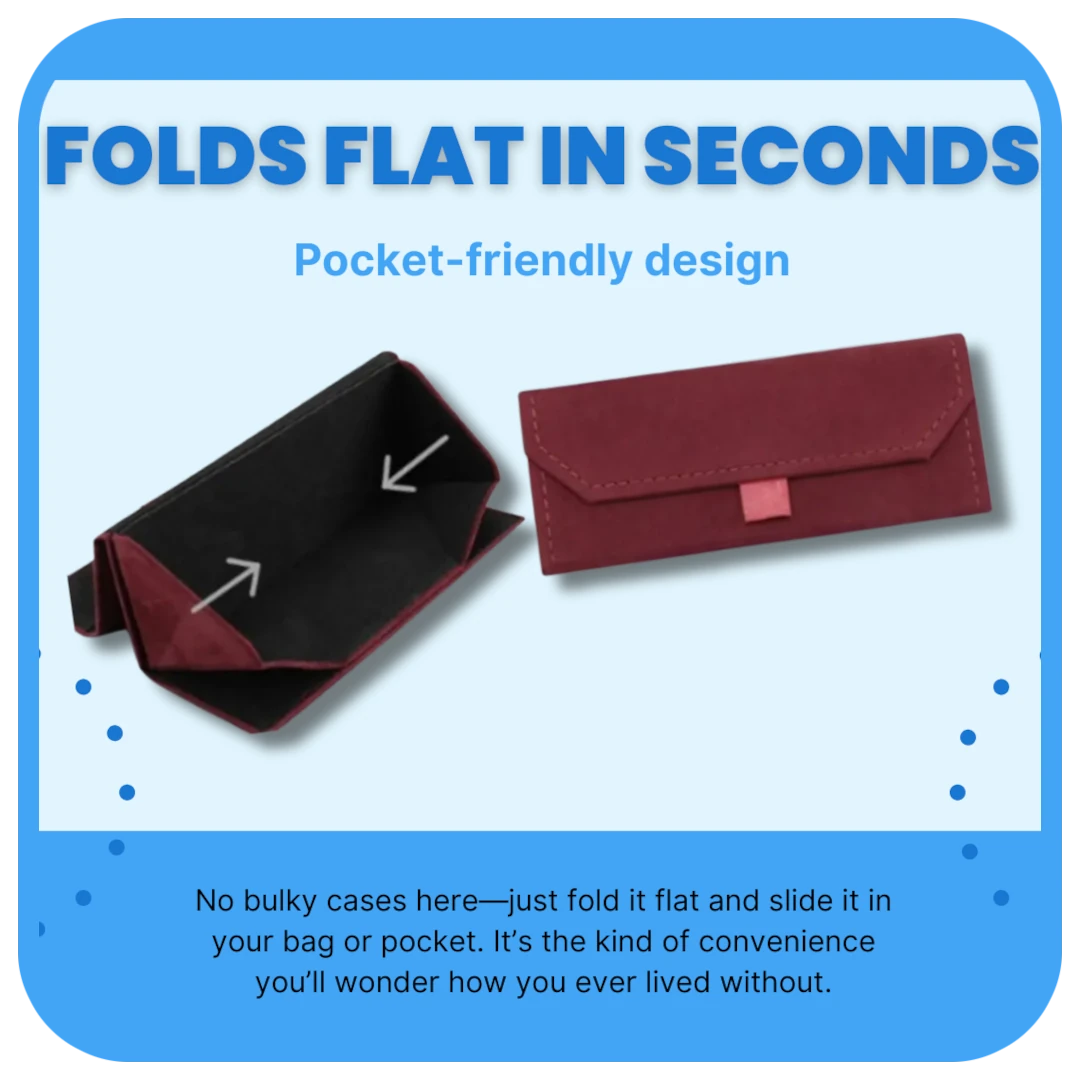 Triangular glasses case shown in both folded and unfolded states with text highlighting its pocket-friendly design and ease of use.