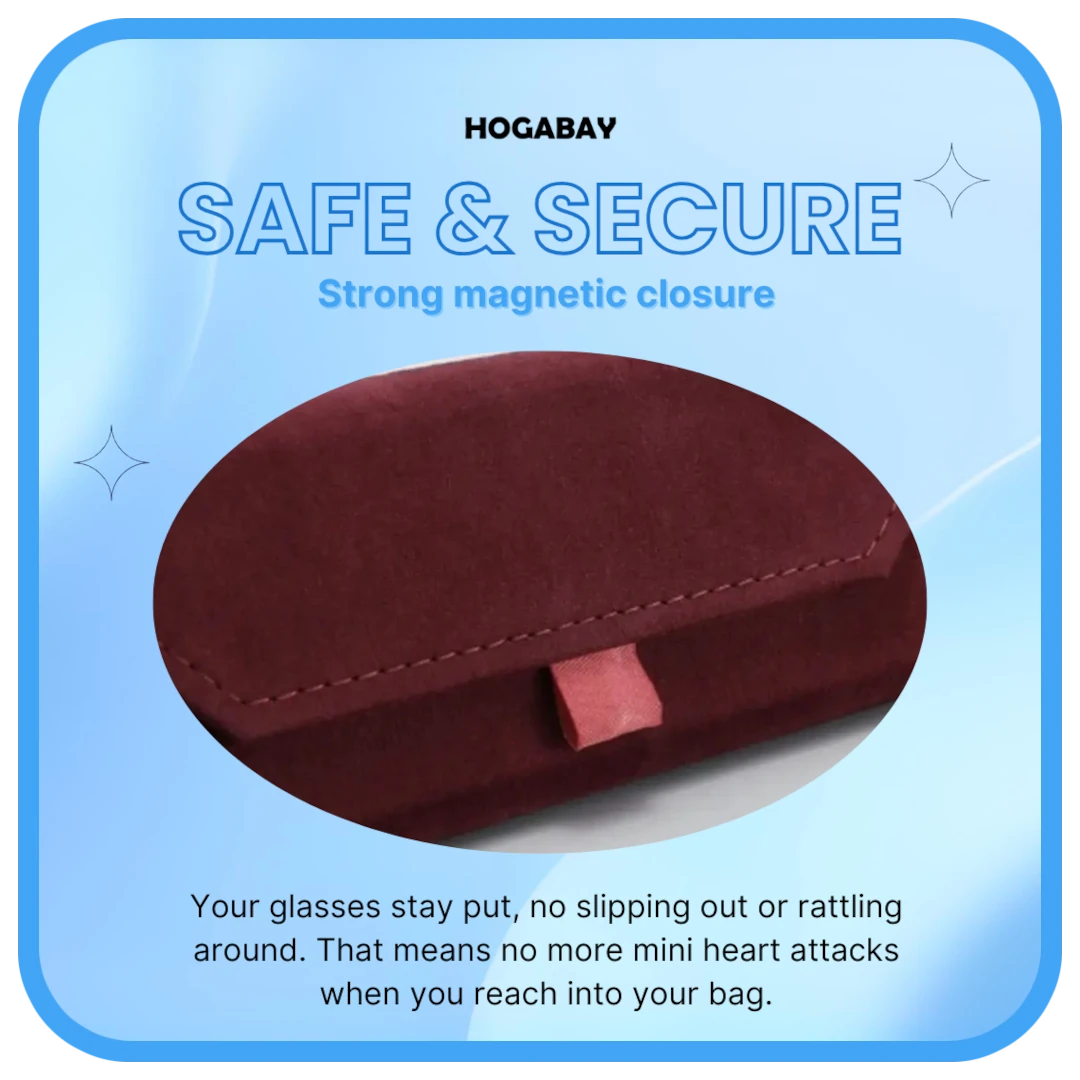 Close up of red glasses case with text highlighting 'Safe & Secure' and 'Strong magnetic closure' on a blue background.