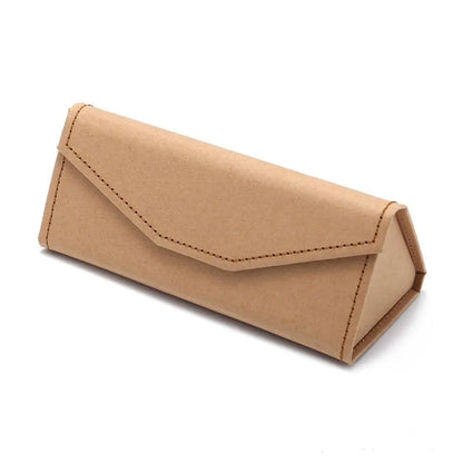 Beige triangular faux leather eyeglass case on a white background