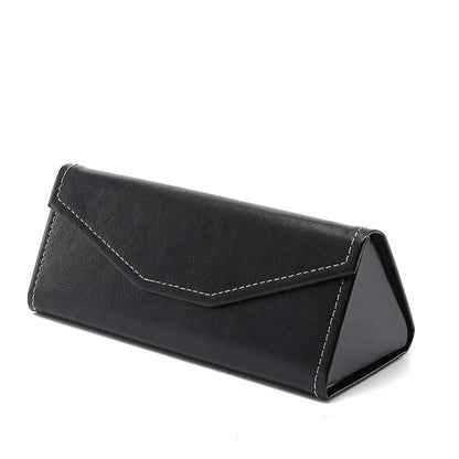 Black triangular faux leather eyewear case with white stitching on a white background.