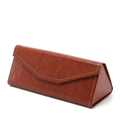 Brown faux leather triangular eyewear case on a white background