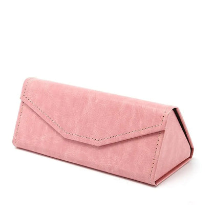 Pink triangular faux leather eyewear case on a white background
