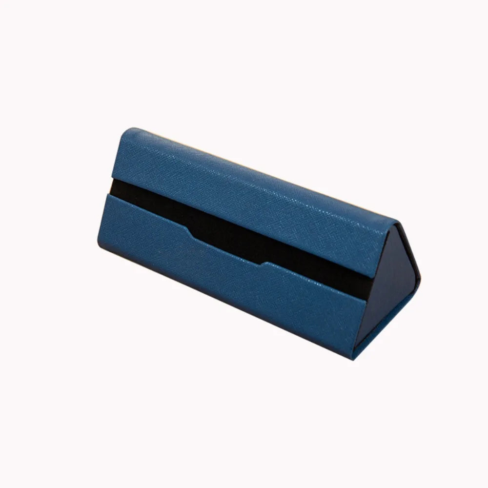 Blue triangular faux leather variant eyewear case on a white background
