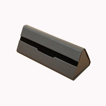 Gray triangular faux leather variant glasses case on a white background