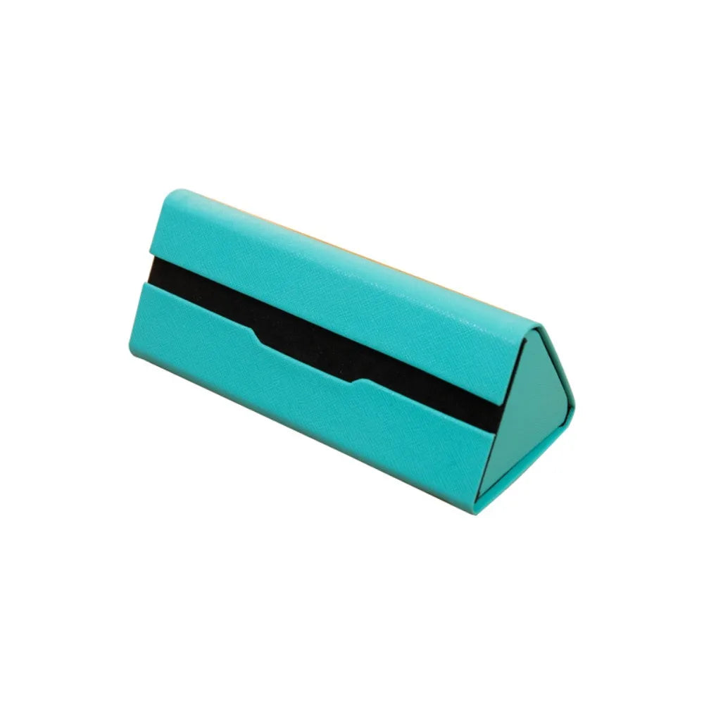Turquoise triangular faux leather variant eyewear case with a black interior on a white background