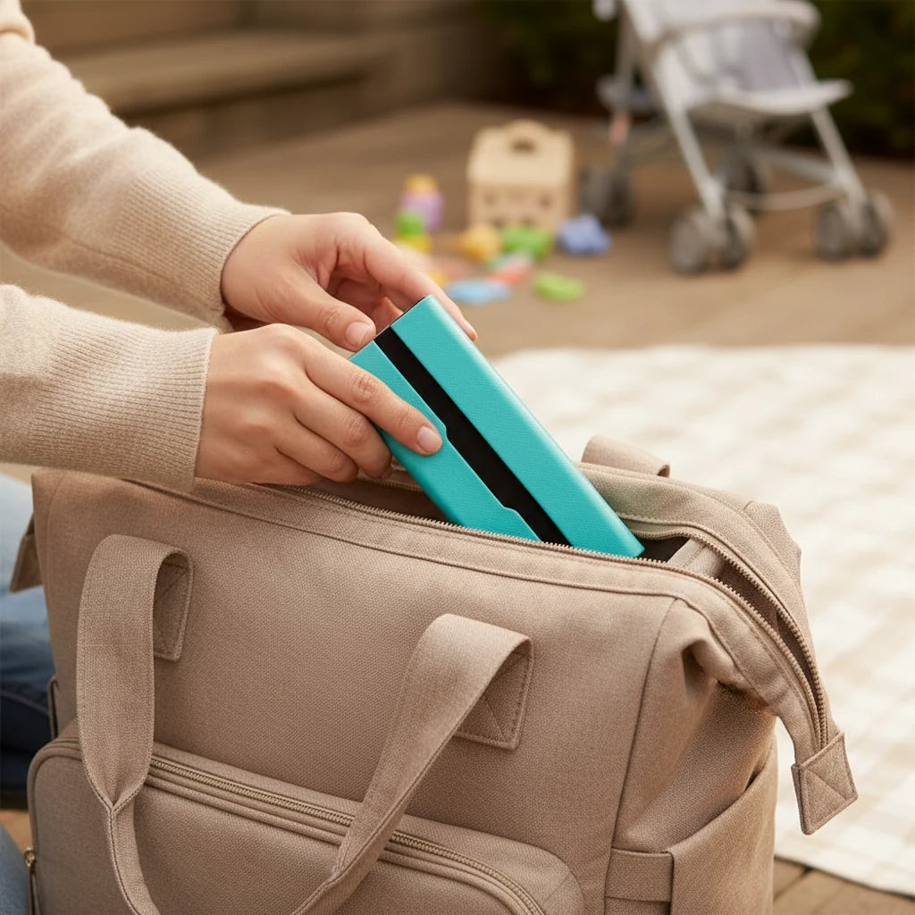 Person placing a teal triangular glasses case into a beige bag with a blurred outdoor setting with a baby trolley in the background