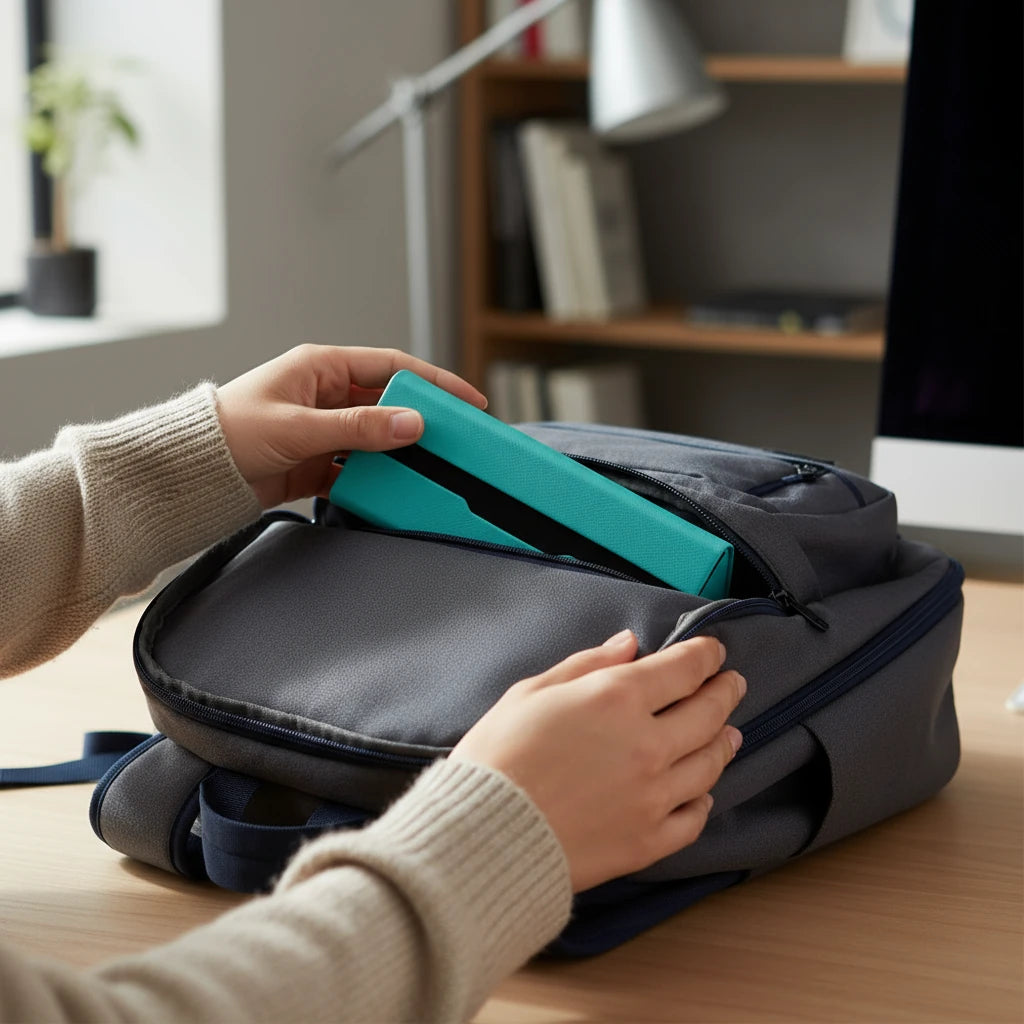 Person packing a teal triangular glasses case into a black backpack on a desk.
