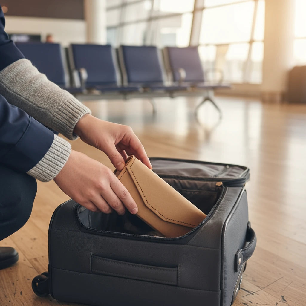 Person packing a suitcase with a brown triangular glasses case in an airport setting