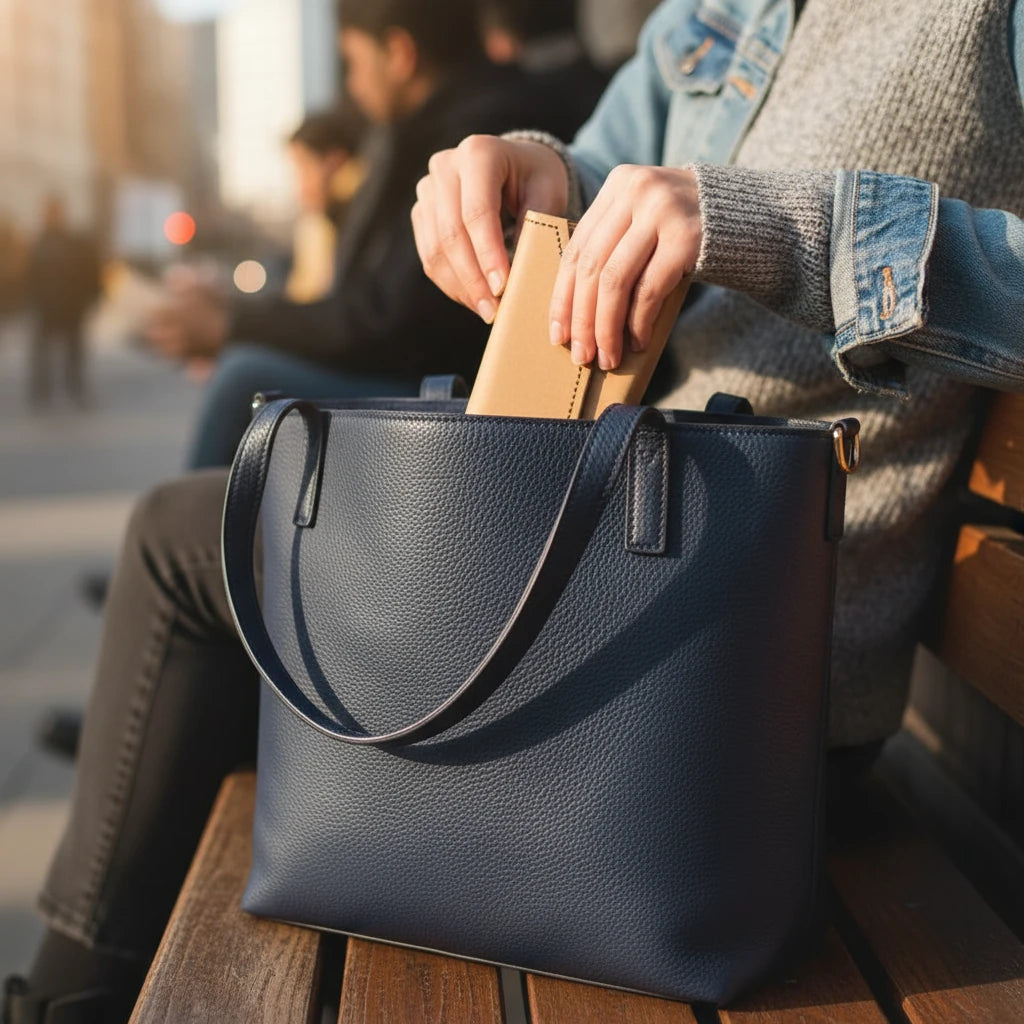 Person placing a triangular glasses case into a black handbag on a city street bench.