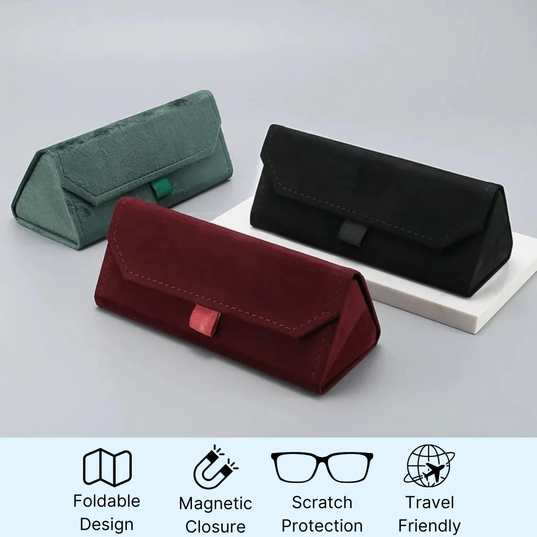 Three foldable triangular glasses cases in green, red, and black on a light gray background with features listed.