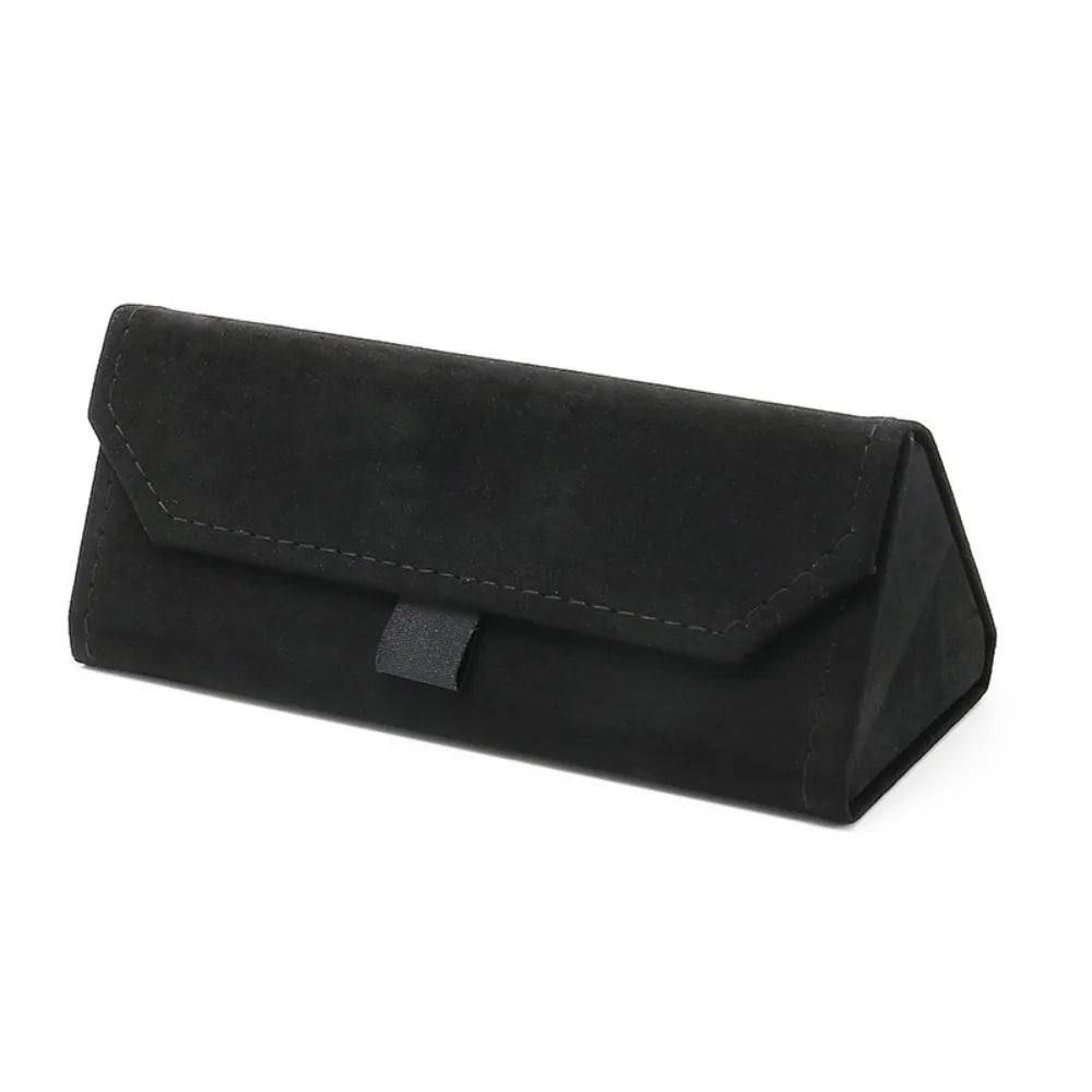 Black triangular velvet eyewear case on a white background