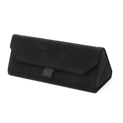 Black triangular velvet eyewear case on a white background