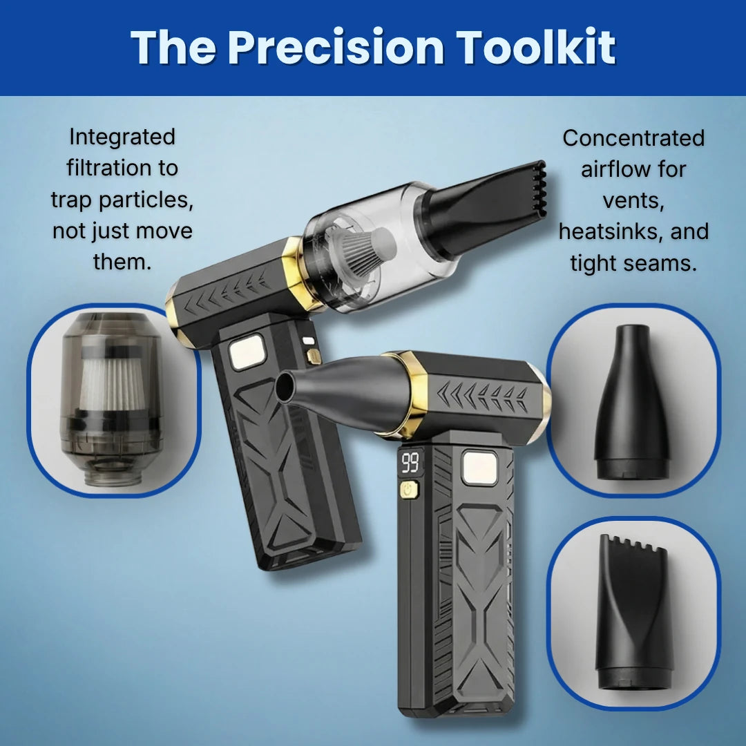 Black and gold premium turbo fan on light blue background showcasing nozzle attachments with text 'The Precision Toolkit.'