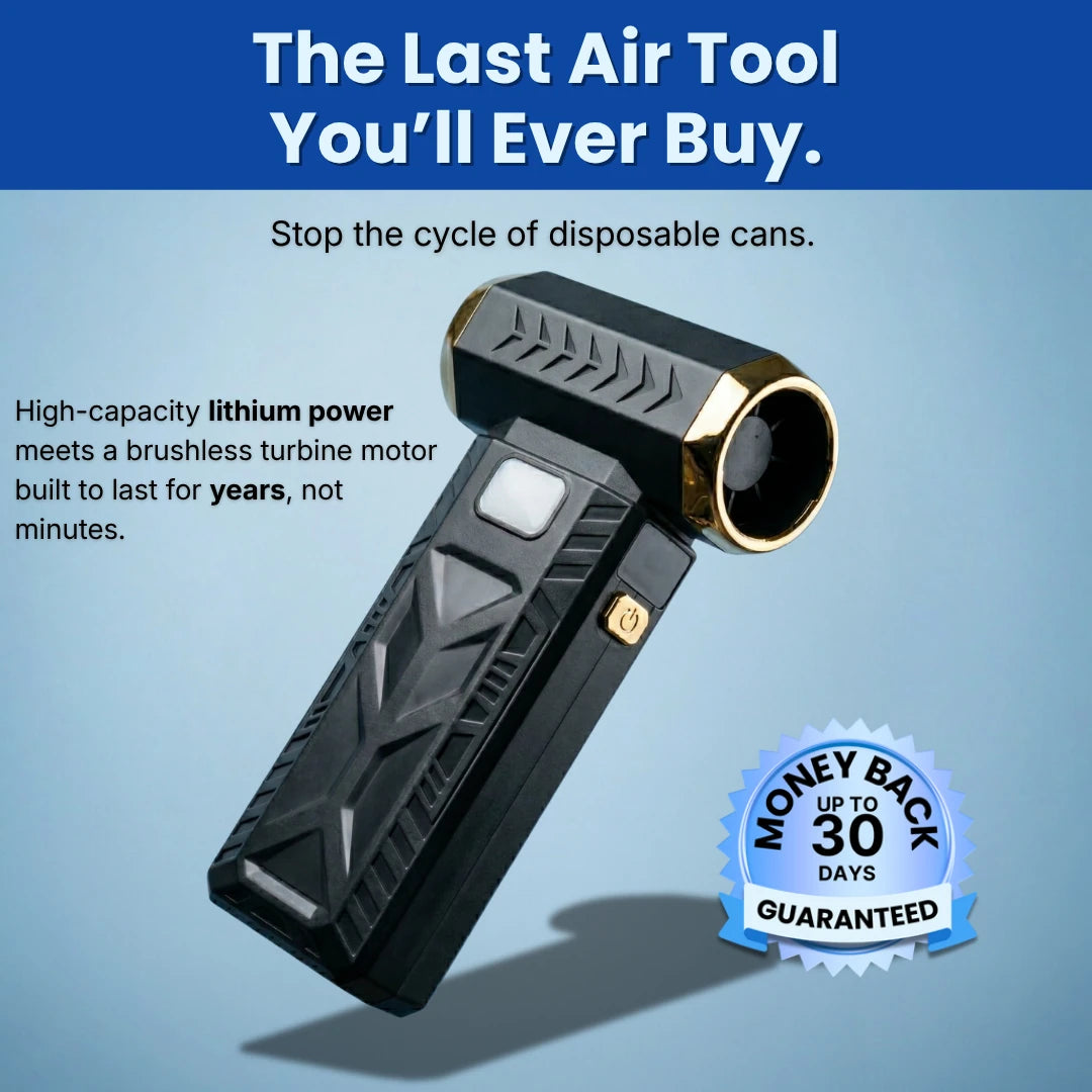 Black and gold turbo fan on a light blue background with the headline, "The Last Air Tool You'll Ever Buy," and "Money back up to 30 days guaranteed"