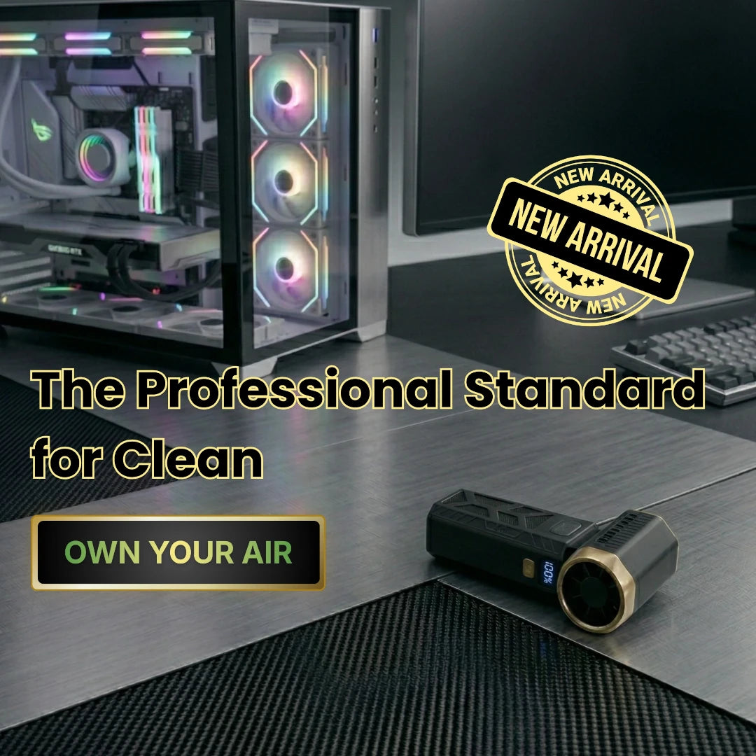 Banner showing computer setup and sleek premium desk with HogaBay's black and gold turbo fan with the text, "The Professional Standard for Clean."