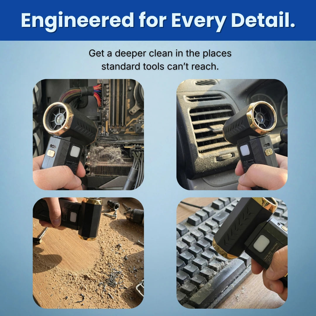 HogaBay's turbo fan being used in various scenarios with text 'Engineered for Every Detail' on a blue background.