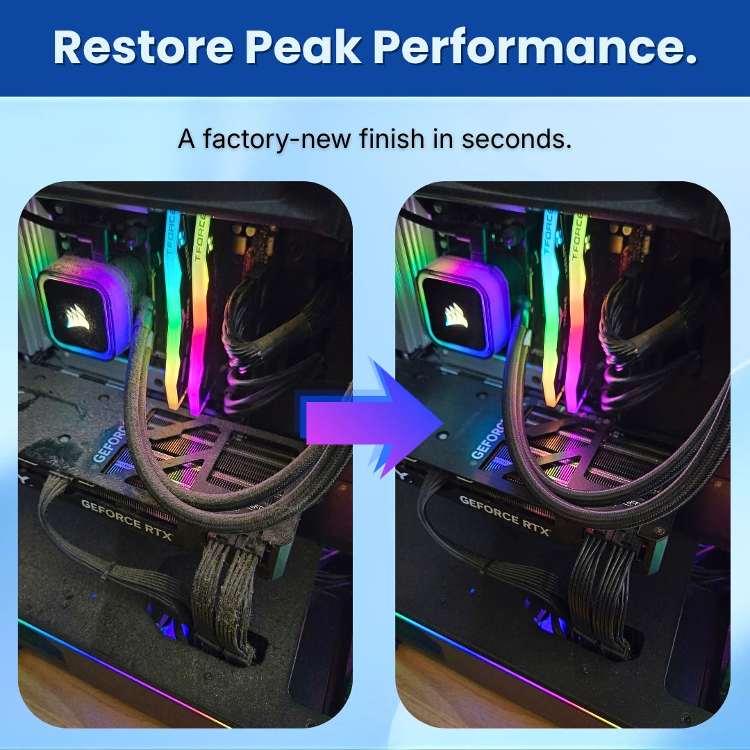 Computer hardware with a before-and-after comparison on a blue background.