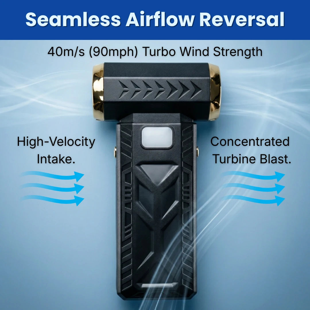 HogaBay's turbo fan with text on airflow reversal pointing out the 2-in-1 vacuum and duster functionality.