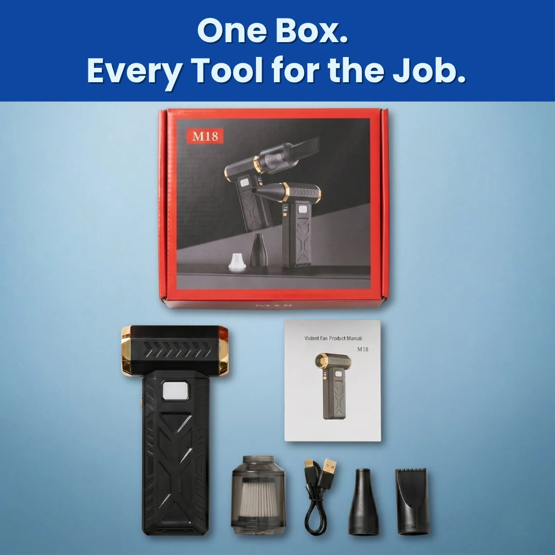 Turbo fan and collection of accessories with a red box labeled 'M18' on a blue background.