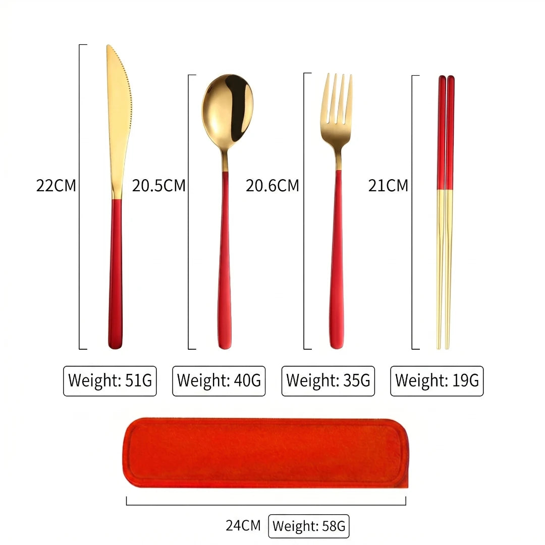 Measurement chart of red and gold cutlery set with dimensions and weights.