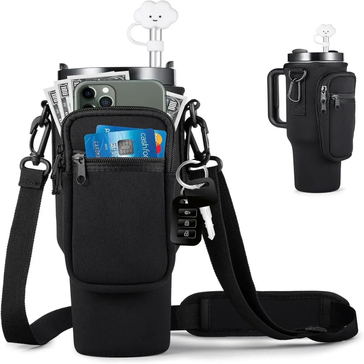 Black carrier pouch with compartments for phone, cards, and water bottle on a white background
