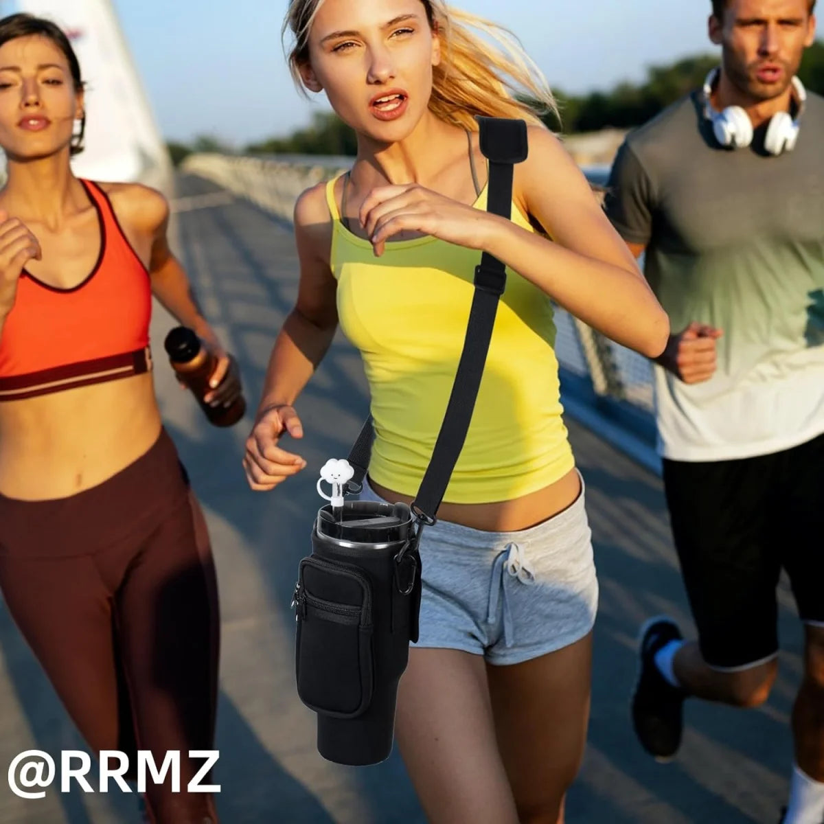Three people running outdoors with a person carrying a black water bottle pouch.