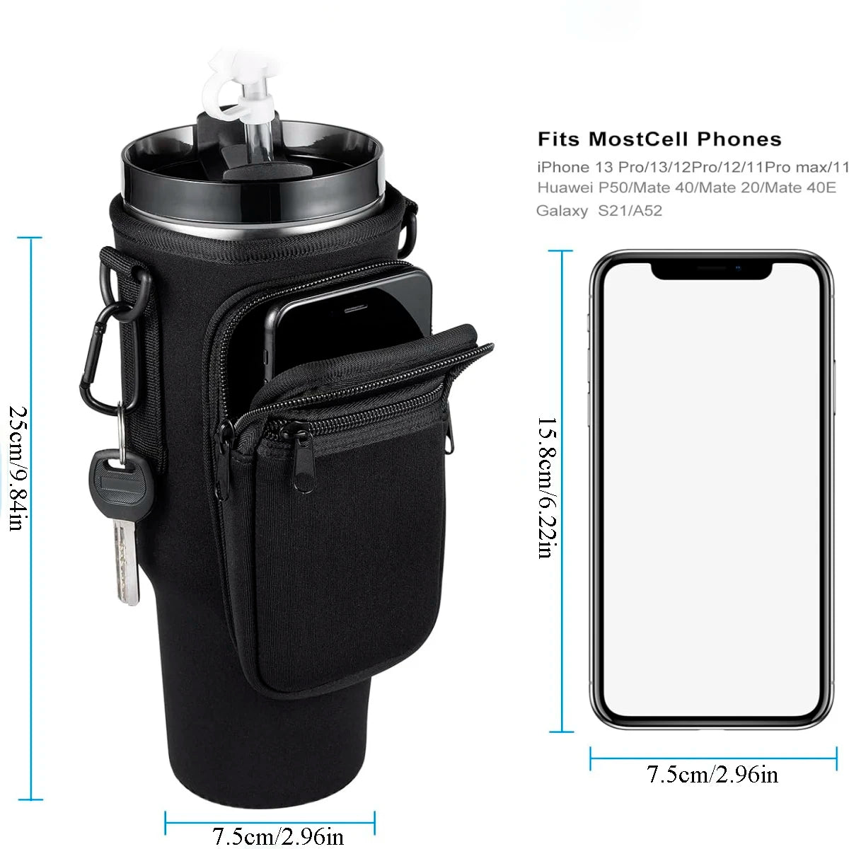Black water bottle pouch with cup holder and keychain, showing dimensions and compatibility with smartphone.